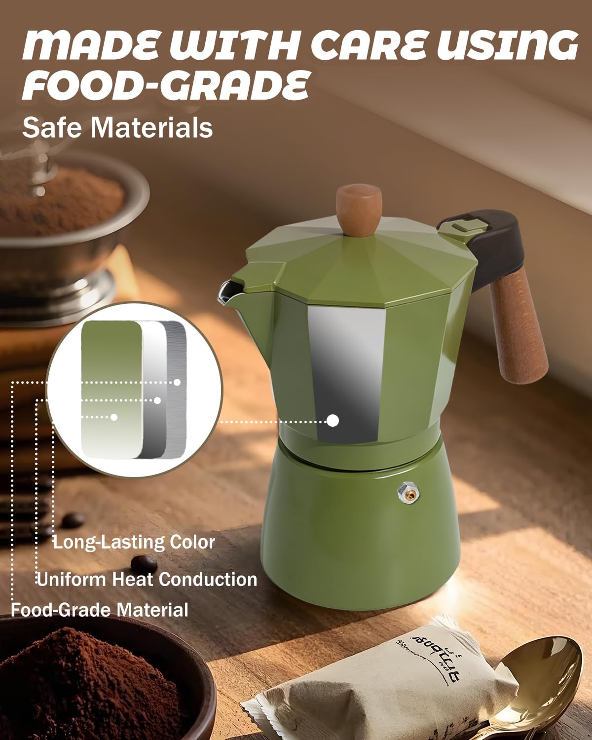 Coffee Maker Stovetop Espresso Maker with Wood Handle 3 Cup