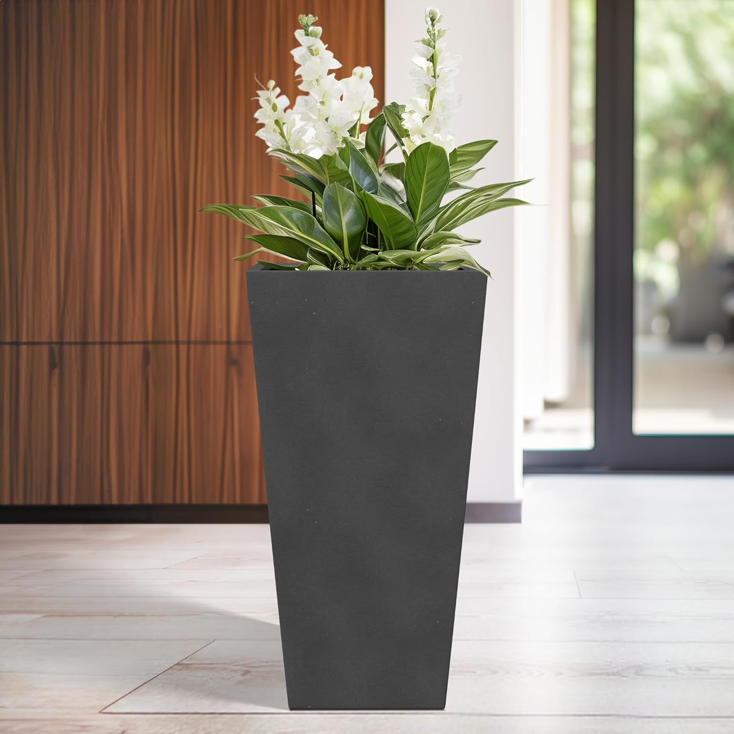 Kante 28 Inch Tall Tapered Concrete Planter, Modern Style Large Plant Pot with Drainage Hole and Rubber Plug for Patio, Porch, Black