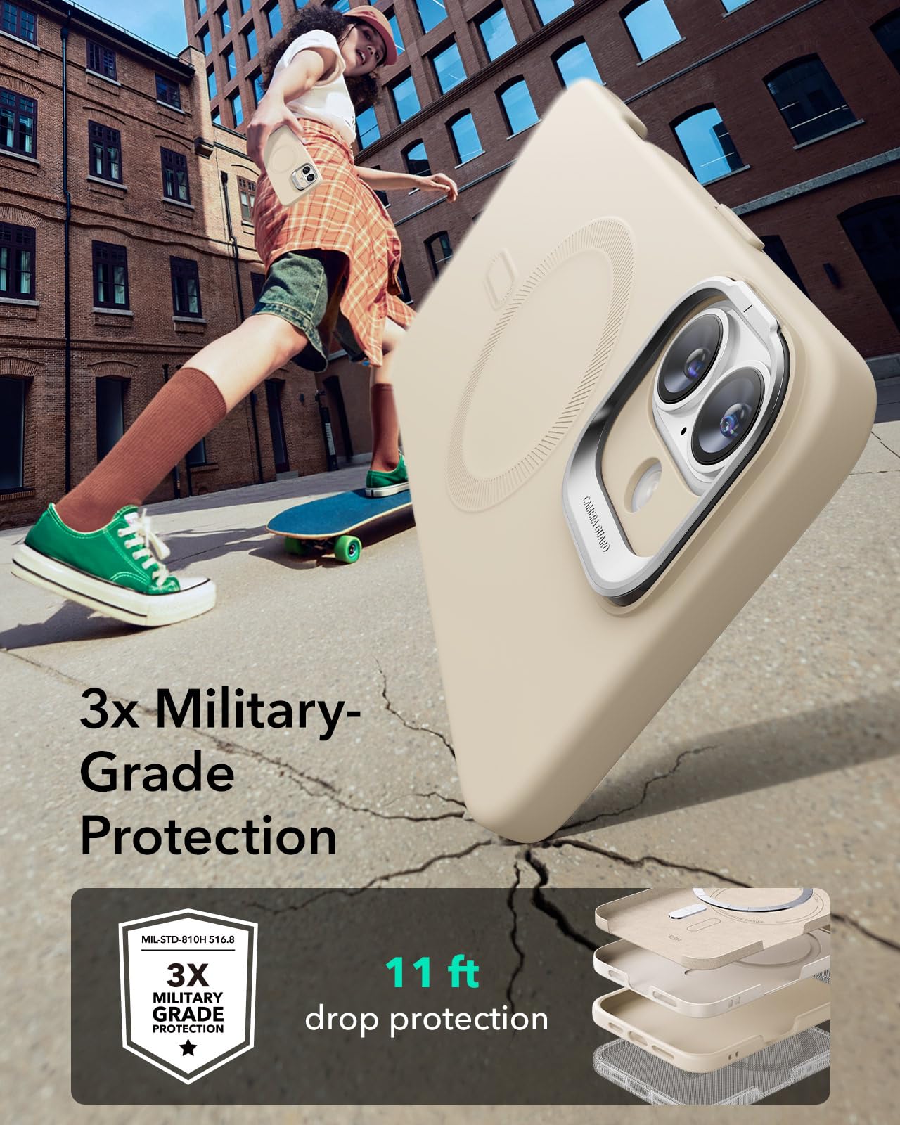 ESR Custodia in silicone con supporto per iPhone 16, Protezione di livello militare, Supporto per fotocamera integrato, Custodia magnetica, Serie Cloud, Marrone Chiaro