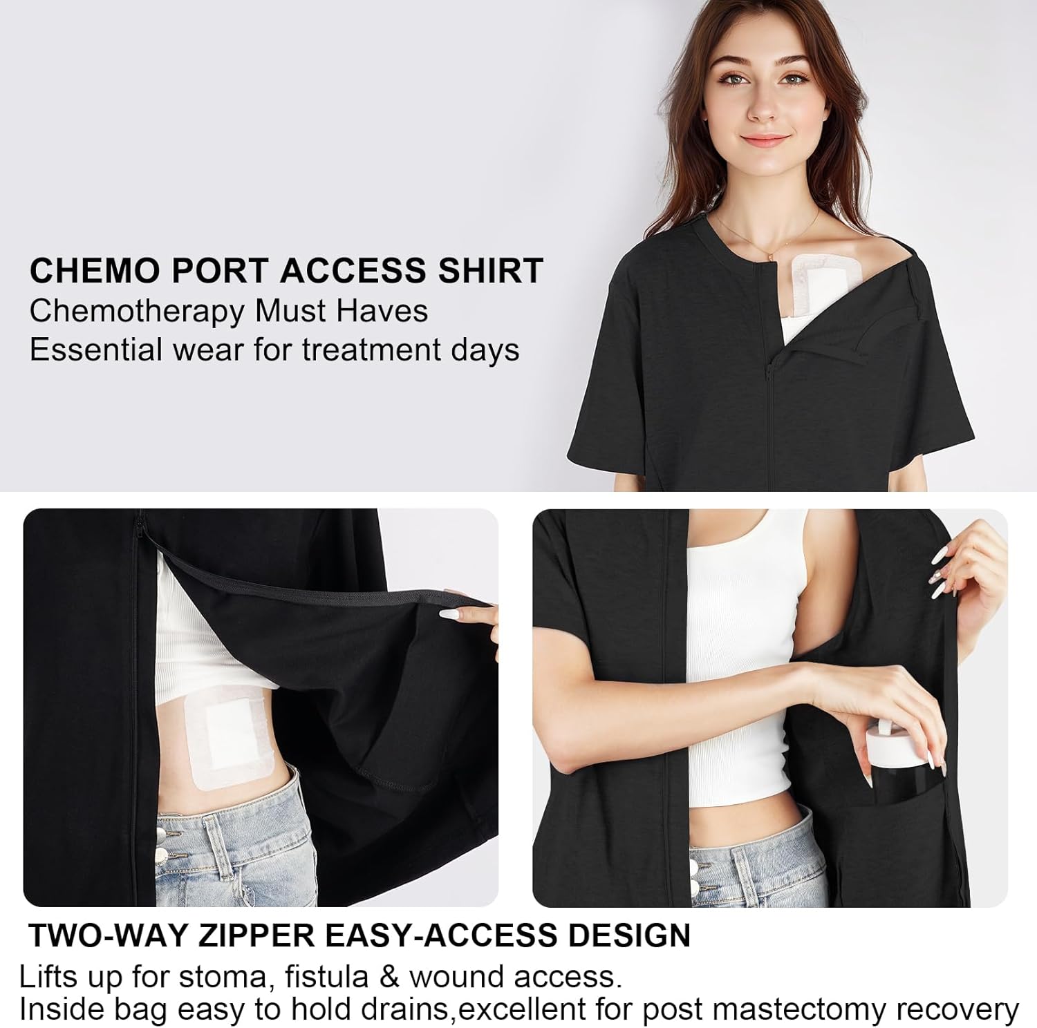 Women's Post-Mastectomy Recovery & Chemo Shirts for Port Access - One-Hand Shoulder Zip Short Sleeve with Drain Bag Pocket - Image 4