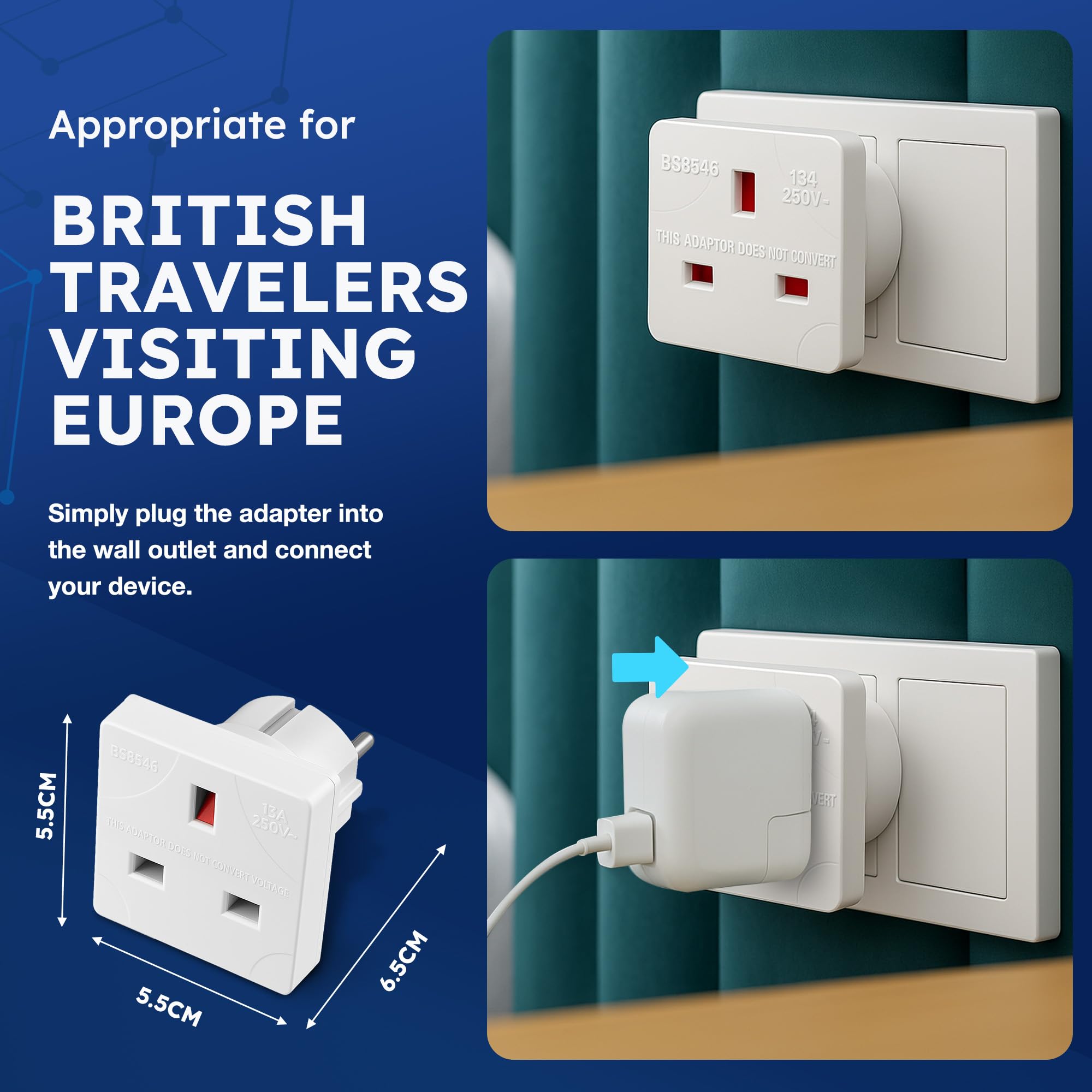 Desiretech - EU Travel Adaptor - 2 Pack - UK 3 Pin to EU 2 Pin Plug - 16A, 250V - Compact & Portable - CE Certified, Safe, Heat-Resistant - Travel Accessory for European Trips - White — view 2