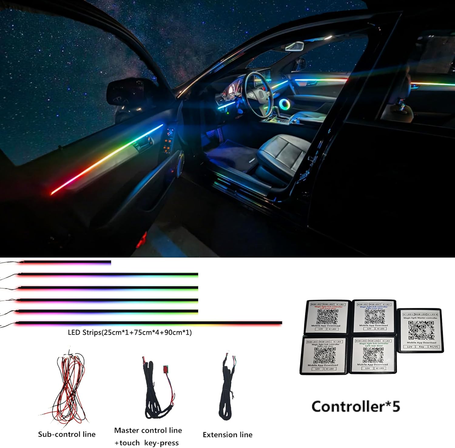Dreamcolor Acrylic Interior Car LED Strip Light, RGB 6 in 1 Fiber Optic Ambient Lighting Kits, 16 Million Colors Sound Active Function Car Neon Lights with Wireless APP