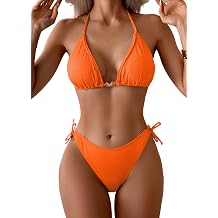 Eomenie Womens Ribbed Bikini Set Sexy Halter Triangle Top Swimsuit Tie Side Two Piece Bathing Suit Moderate Coverage