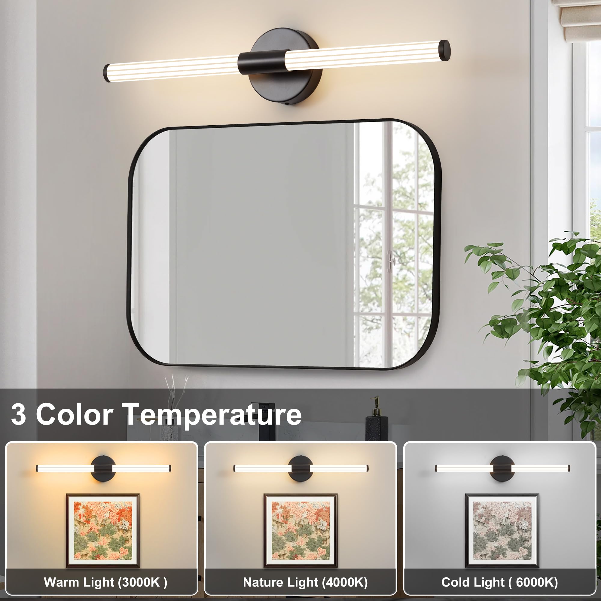 Actask Wall Lights Black LED Wall Sconce Light 360° Full Lighting 57CM 3CCT 8W 800Lumen Wall Lamp for Bathroom Bedroom Living Room Dining Room - Image 2