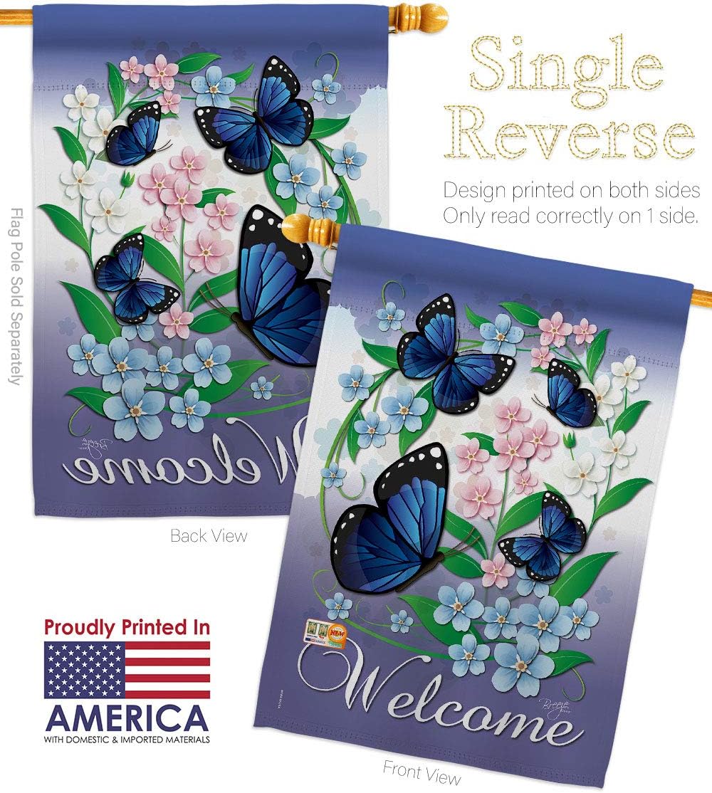 Blue Butterflies House Flag Dowel Set Garden Friends Butterfly Ladybugs Dragonfly Bee Springtime Insect Natural Wildlife Small Decorative Gift Yard Banner Made In USA 28 X 40
