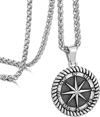 murtoo Compass Necklace for Men Women, Stainless Steel Necklace with Compass Coin Pendant, Gold Silver Mens Necklace Gift Ideal