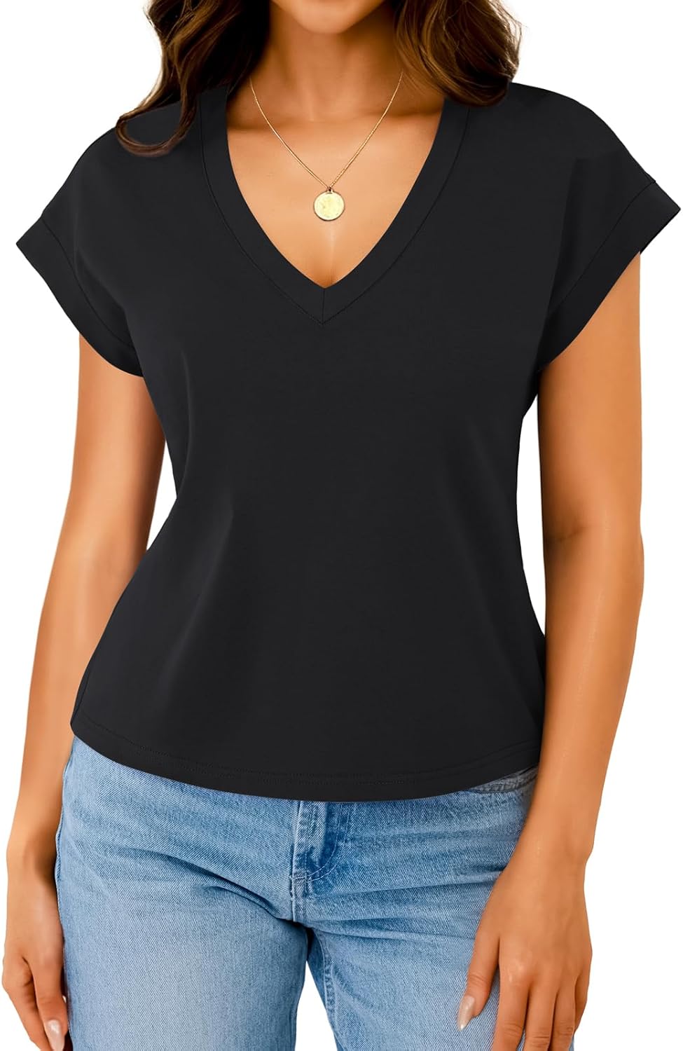 Womens Cotton Tops Cap Short Sleeve Crop V Neck Basic Shirts Boxy Casual Spring Summer Clothing Outfits - Image 5