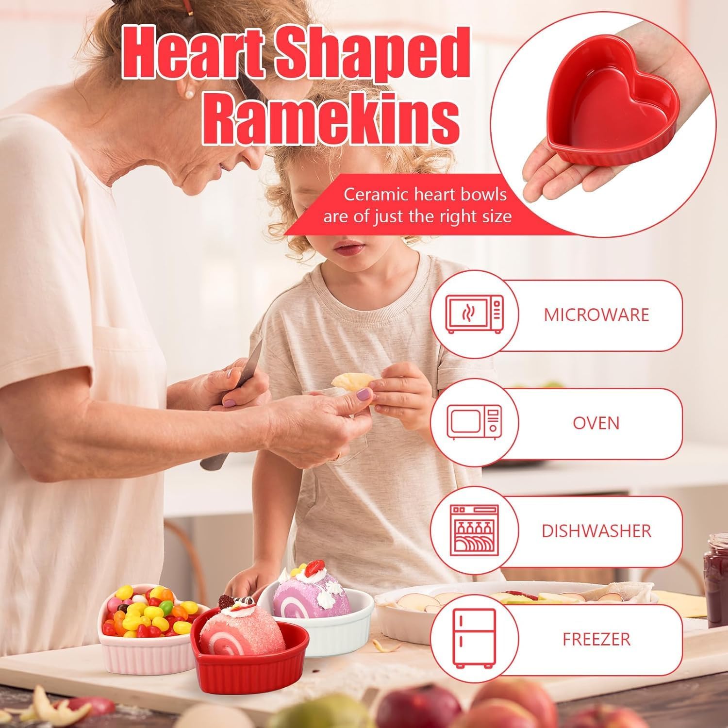 9 Pcs Valentine's Day Heart Shaped Ramekins Ceramic Ramekins 6 Oz Oven Safe Creme Brulee Dishes Small Baking Ramekin Bowls for Kitchen Party Snack Serving Dip Sauce Condiments (White)