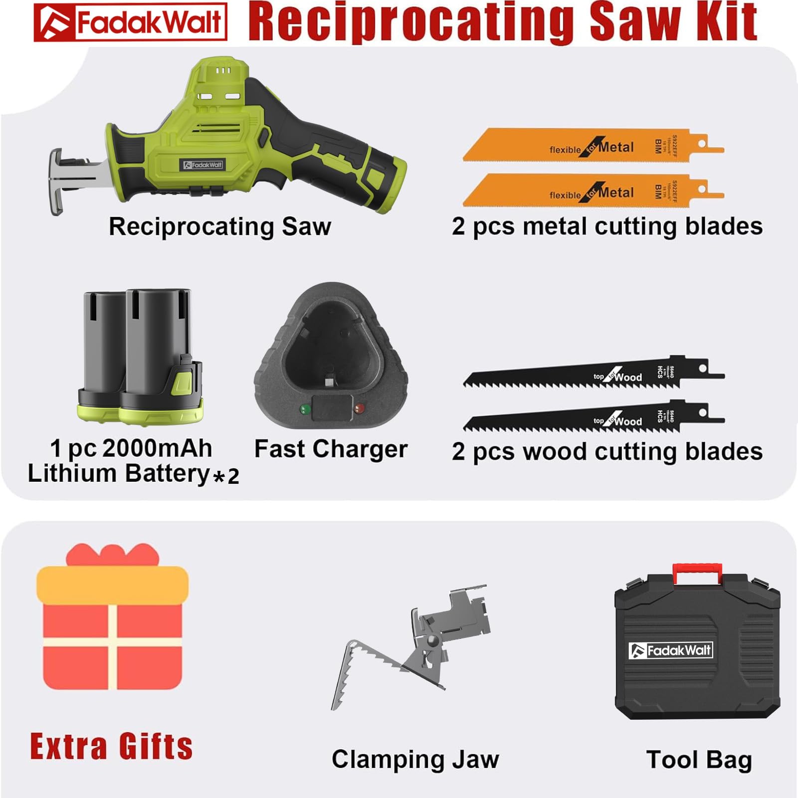 Scie Sabre Sans Fil,FADAKWALT 12V Scie Egoîne Electrique sans Fil Vitesse Variable 0-2700RPM,vert scie sabre sans fil avec batterie 2 * 2.0Ah&Chargeur,4 Lame Idéal pour Coupe de Bois,Branches,Métal