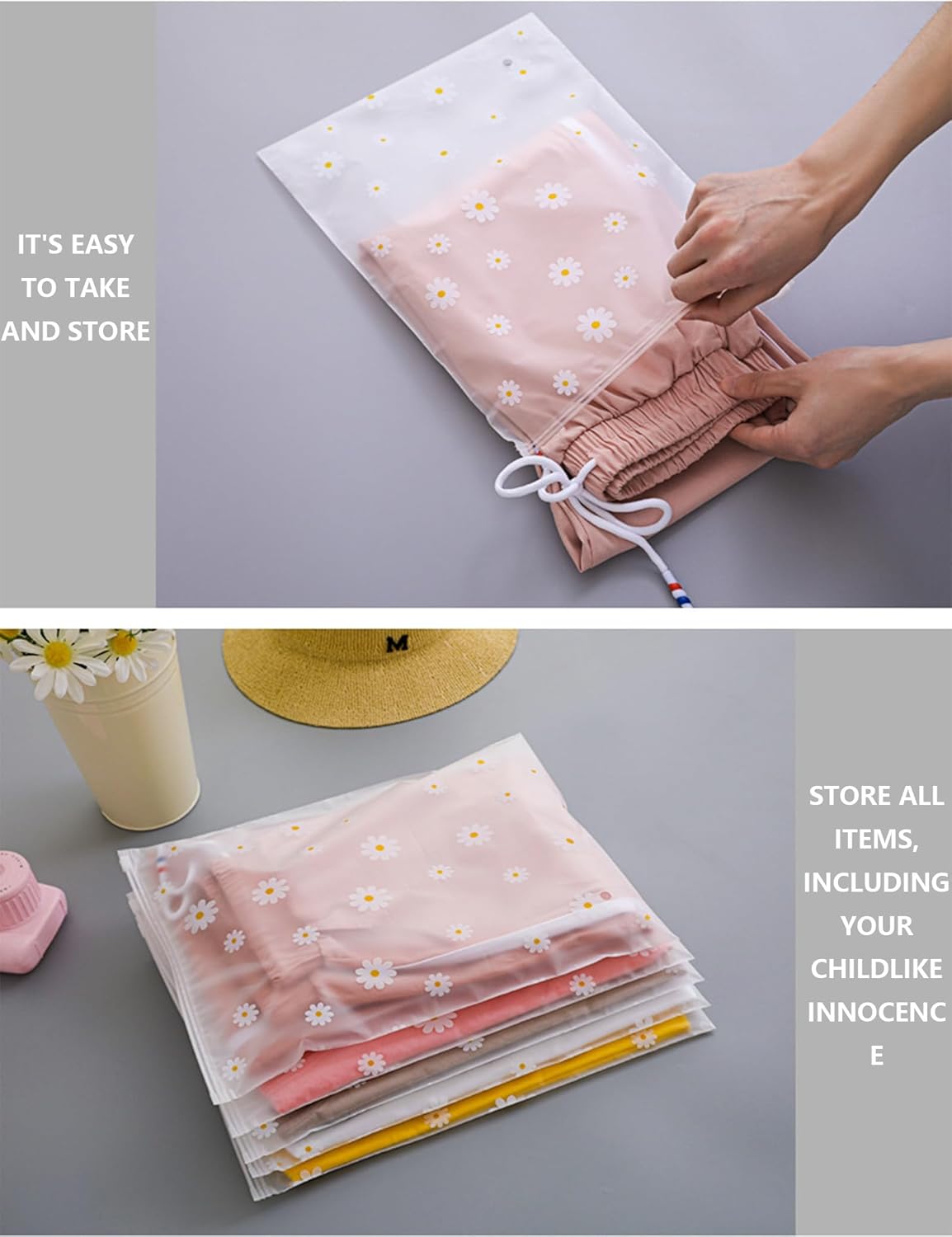 Clear Plastic Ziplock Garment Bags - Self-Sealing Storage Bags for Clothing, Gifts, Shipping, PEVA Material, Small Daisy Pattern, 16" x 20" / 40 x 50 cm, 50 Pack