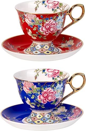 KAMMAK Juego de 2 tazas de té y platillos, taza de café de porcelana con platillo para expreso, capuchino, taza de cerámica vintage de 9.8 onzas