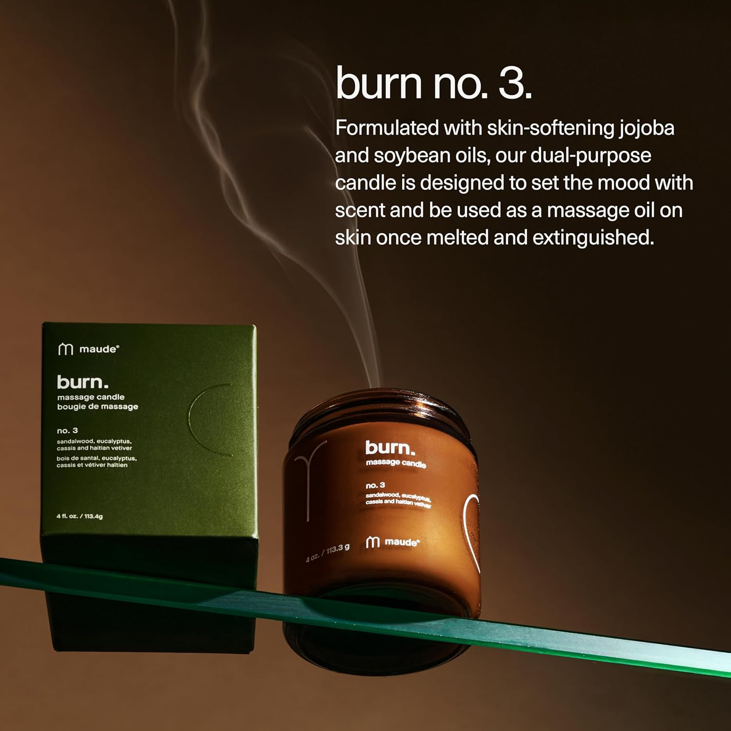 Maude Burn No. 3 - Hydrating + Skin-Softening Soybean + Jojoba Oil Massage Candle - Soothing Warm Massage Oil Candle with Notes of Eucalyptus + Sandalwood - Relaxing Self Care Gifts (4 oz) - Image 3