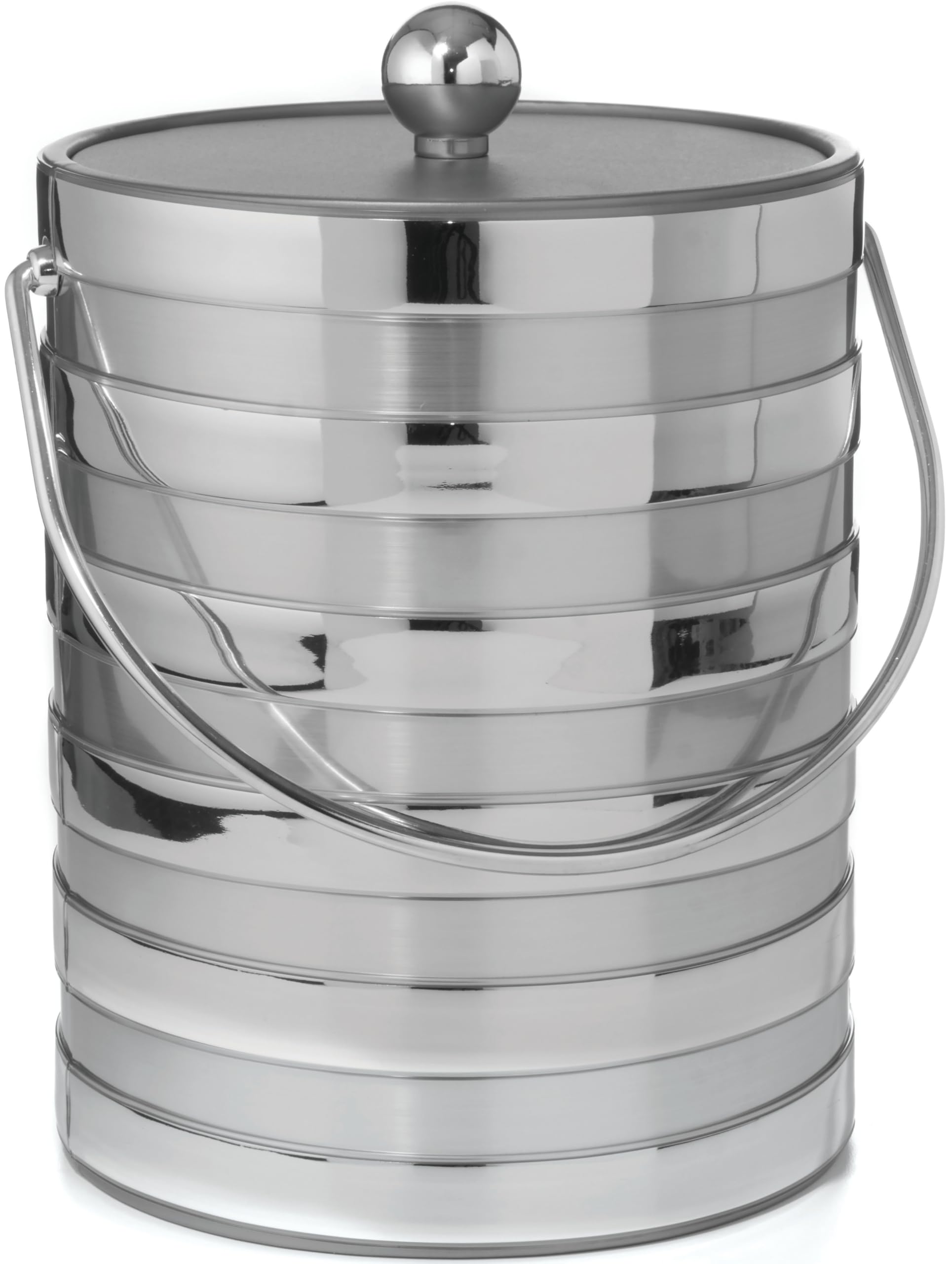 Hand Made In USA Metallic Deco Collection Double Walled Insulated Ice Bucket With Ice Tongs (5-Quart, Silver Stripes)