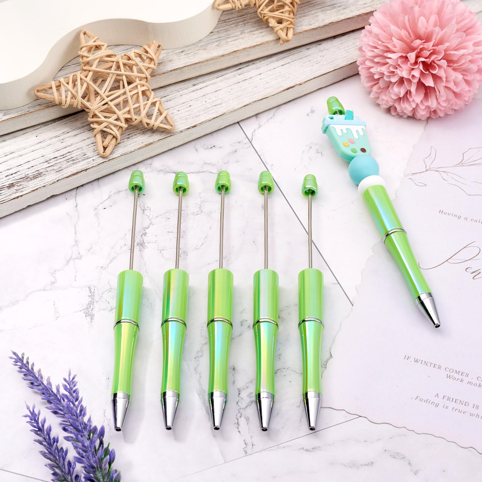 Bestewelry 5 pcs Plastic Beadable Pens Ballpoint Pen Beaded Pen Black Ink with Plastic Ballpoint Pen Refills for Pen Decoration Office School Supplies Green - Image 2