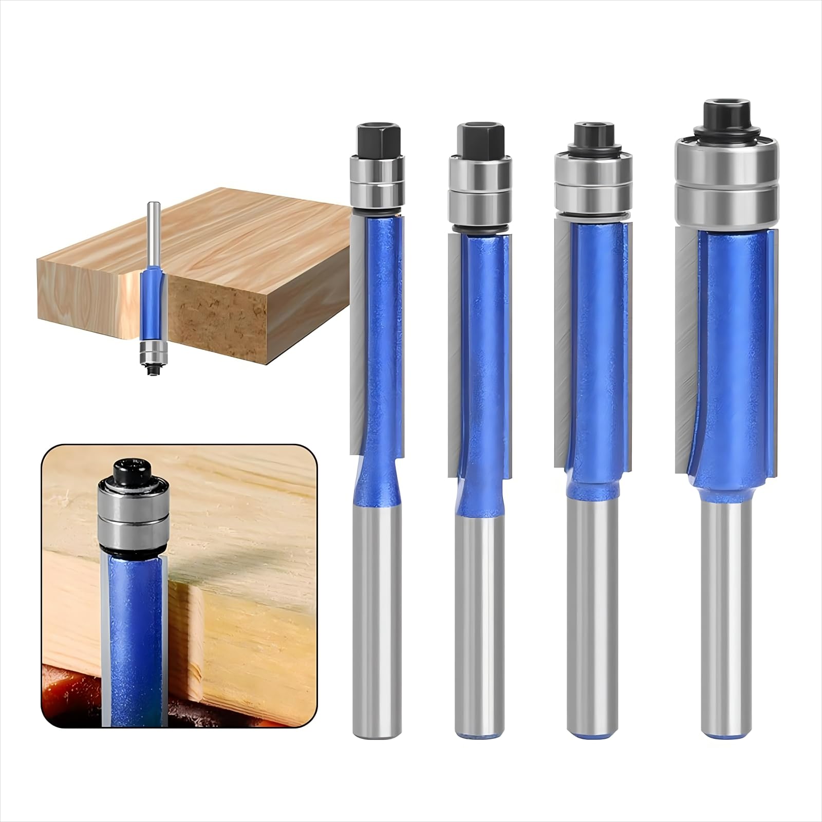 4 fresas de enrasado, fresa azul, vástago de 1/4 pulgadas, fresa de enrasado, fresa para copiar bordes con rodamiento de bolas, fresa de ranura, juego de fresa para carpintería para madera