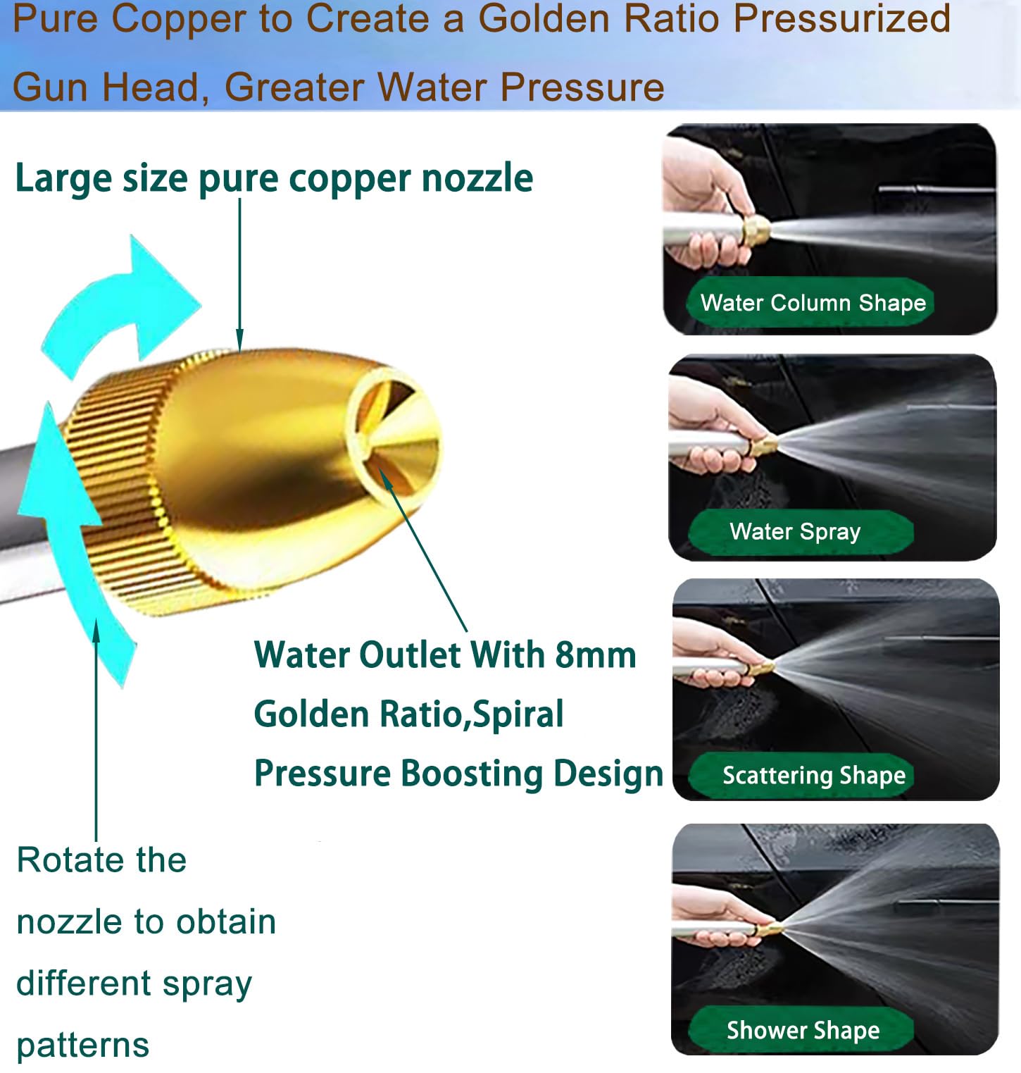 Boquilla de manguera de jardín mejorada, pistola de pulverización de metal 100% resistente con boquilla de latón completa, cabezal rociador de manguera de agua de alta presión, conectores rápidos de