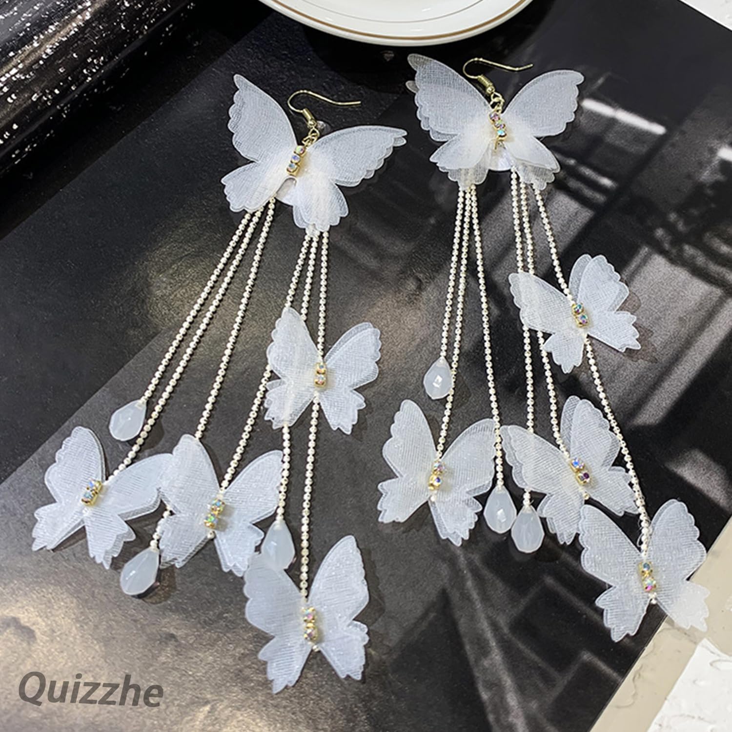 Fairy Butterfly Drop Dangle Earrings Long Tassel Beaded Statement Earrings Vintage Boho White Butterfly Drop Dangling Earrings Party Birthday Bridal Wedding Jewelry for Women (style1) - Image 7