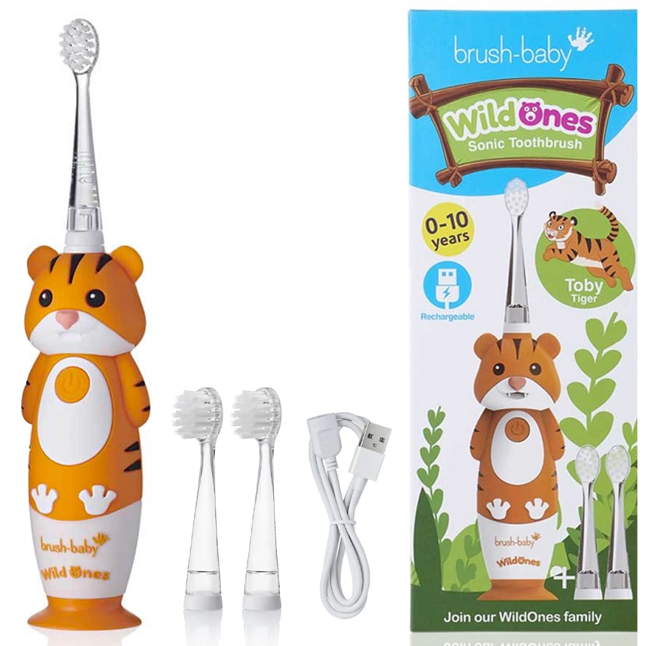 Brush-BabyWildOnes Kids Electric Rechargeable Toothbrush, 1 Handle, Brush Head, USB Charging Cable, for Ages 0-10 (Tiger)