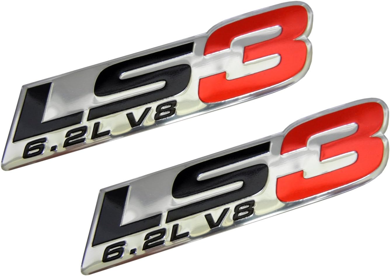 LS3 6.2L V8 Red Engine Emblems Badges Nameplates Highly Polished Aluminum Chrome Silver Compatible with GM General Motors Performance Chevy Corvette Camaro SS Pontiac G8 GXP Holden (Pack of 2)