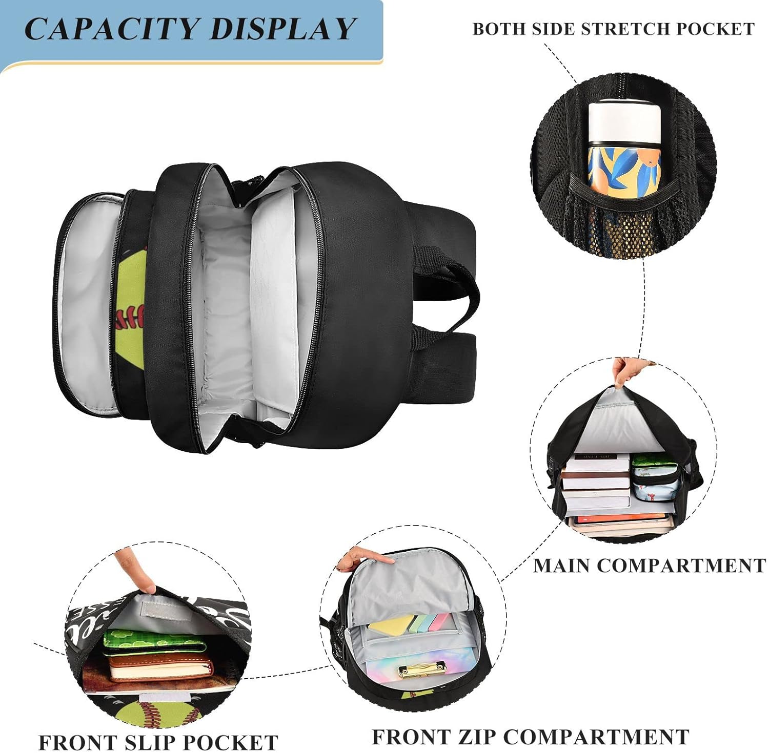 Softball Baseball Backpack School Bag Lightweight Laptop Backpack Student Travel Daypack with Reflective Stripes