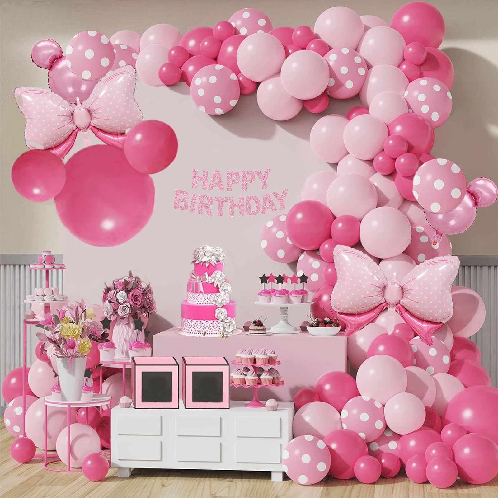 120 PCS Pink Mouse Balloon Arch, Oh Twodles Birthday Party Supplies for Girls, Cute Bow Balloon Arch for Birthday Party, Red and Pink Balloons for