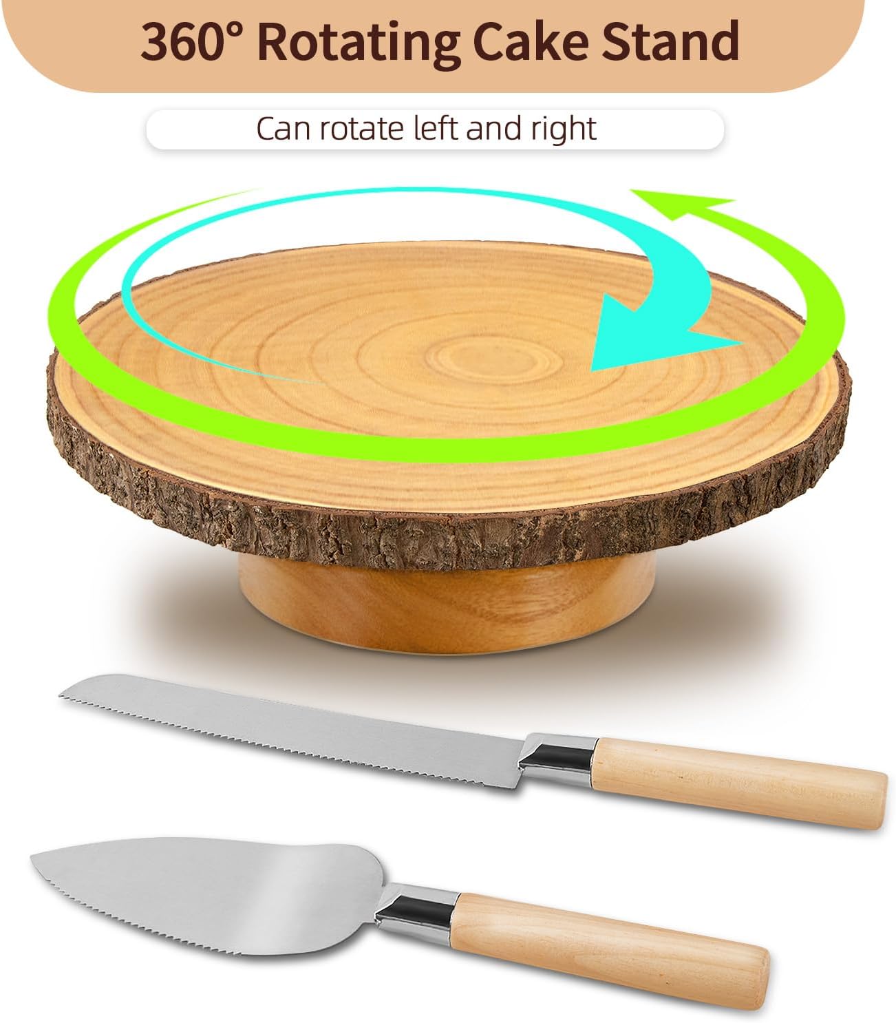 12" Rotating Wood Cake Stand with Cake Cutting Set (Knife and Server) - Rustic Wooden Cake Turntable for Decorating, Party, Wedding, Baby Showers, Reception, Event - Ideal Baking Gift & Decor