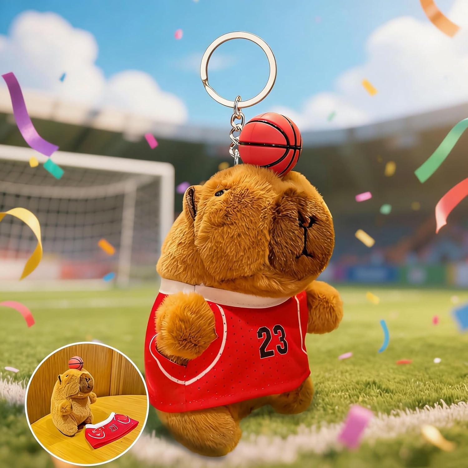 Cute Capybara Keychain Plush, Capybara Stuffed Animal with Soccer/Basketball, Sport Basketball Capibara Keychain for Birthday Gifts Graduation Exchange (4.7In,Keychain-BB)