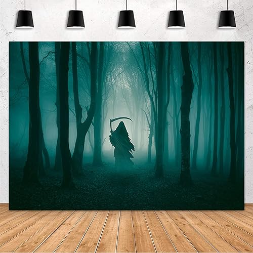 MEHOFOND Telón de fondo de Halloween de bosque oscuro brumoso de 7 x 5 pies para fotografía, fondo misterioso de bosque sombrío para retrato, bruja