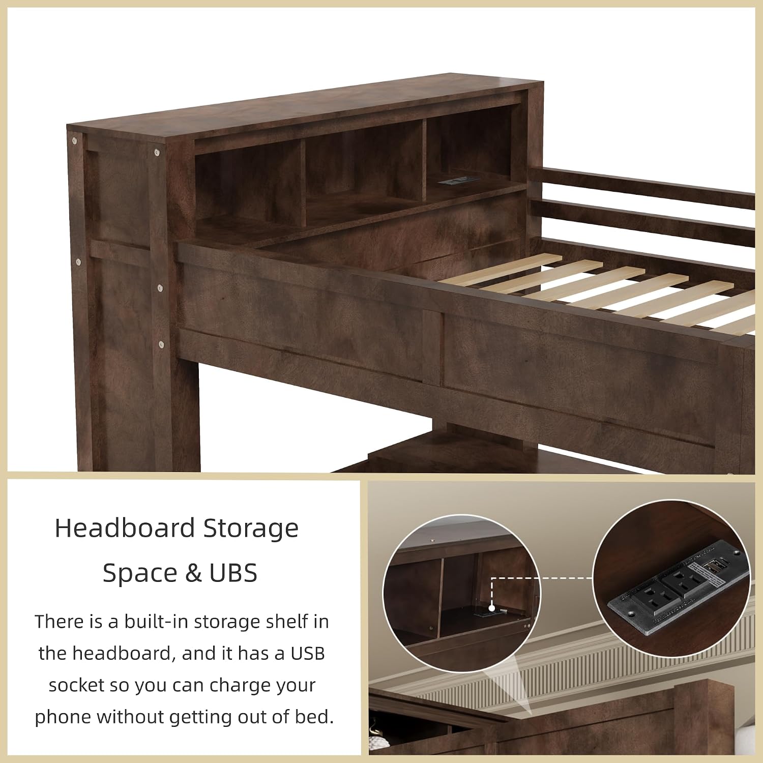 Merax Queen Loft Bed Frame with Desk and Wardrobe, Headboard with Storage & Charging Station, Wood Loft Bunk Bed with Solid Slats & Guardrail, No Box Spring Needed, Space-Saving, Noise Free, Brown