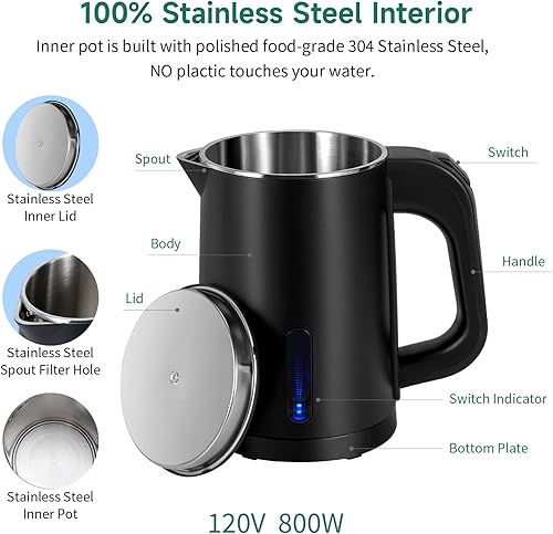 Miniatura 9 de Hervidor de té eléctrico pequeño de acero inoxidable mini calentador de agua caliente portátil de 08 L hervidor de café eléctrico de viaje con