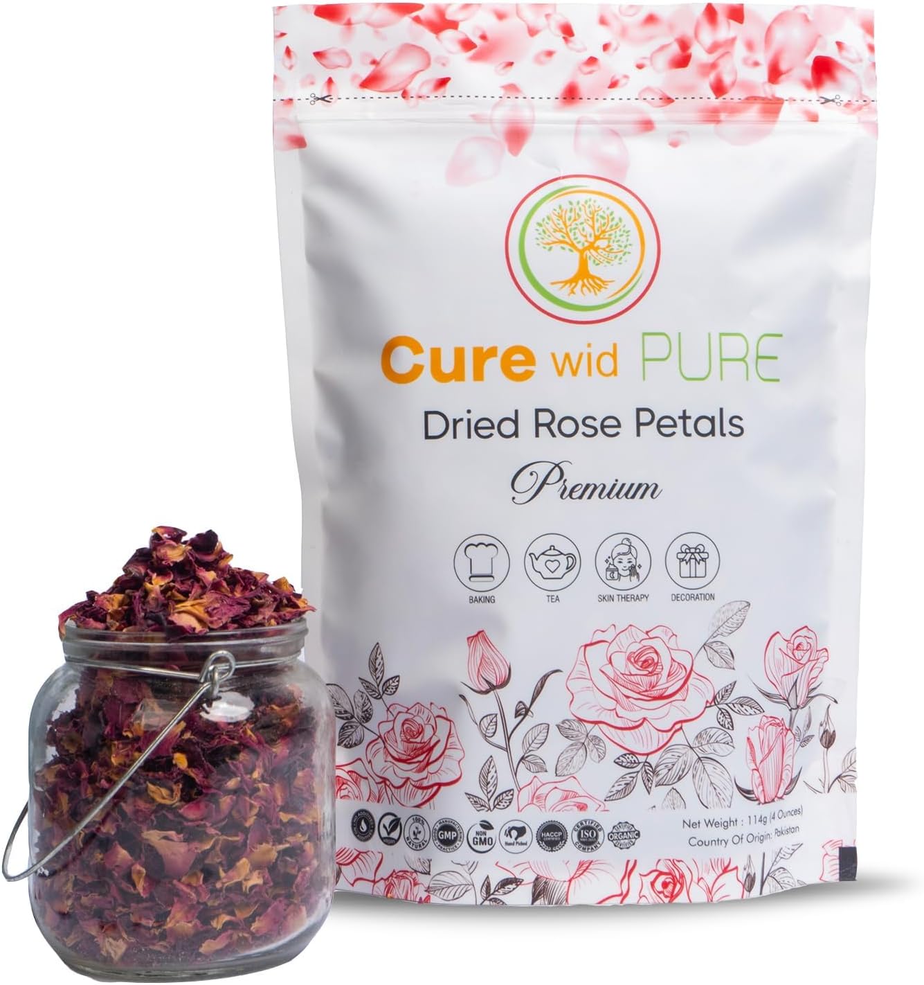 Cure Wid Pure Certified Organic Dried Rose Petals 4 oz Food-Grade Edible Rose Petals for Tea,Cocktails,Baking,Skincare & DIY - Sun-Dried,Non-GMO,Gluten & Chemical-Free Edible Flowers in Resealable Bag