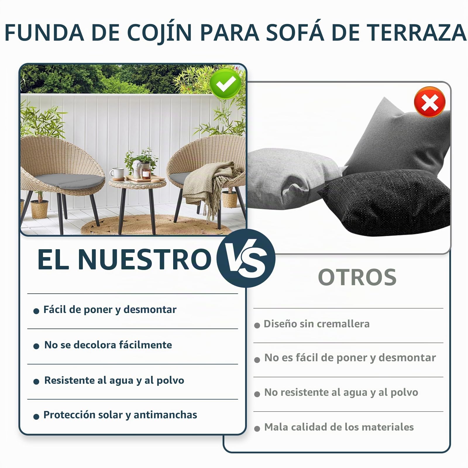 4 fundas de repuesto para cojines de asiento de jardín de 60 x 60 x 10 cm, impermeables, minimalistas, con cierre de cremallera, solo funda (gris)