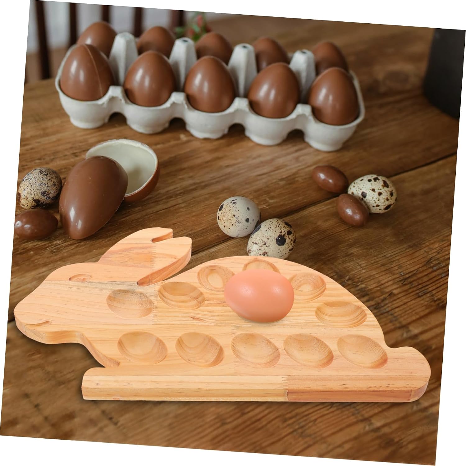 Happyyami Easter Bunny Shaped Wooden Deviled Holder Serving Tray for Appetizers Eggs Versatile Storage for Kitchen Refrigerator