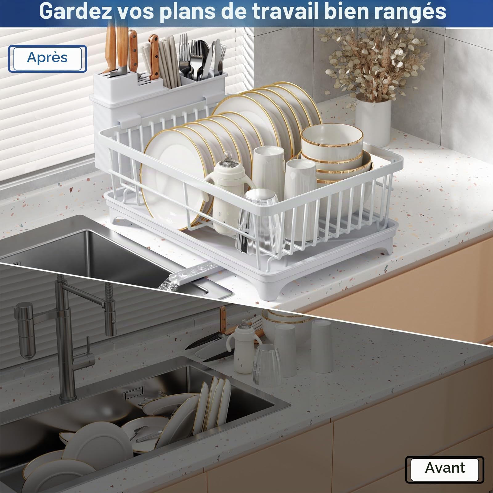 PurKeep Dish Drainer with Utensil Holder | For Kitchen Countertop, with Draining Board, White
