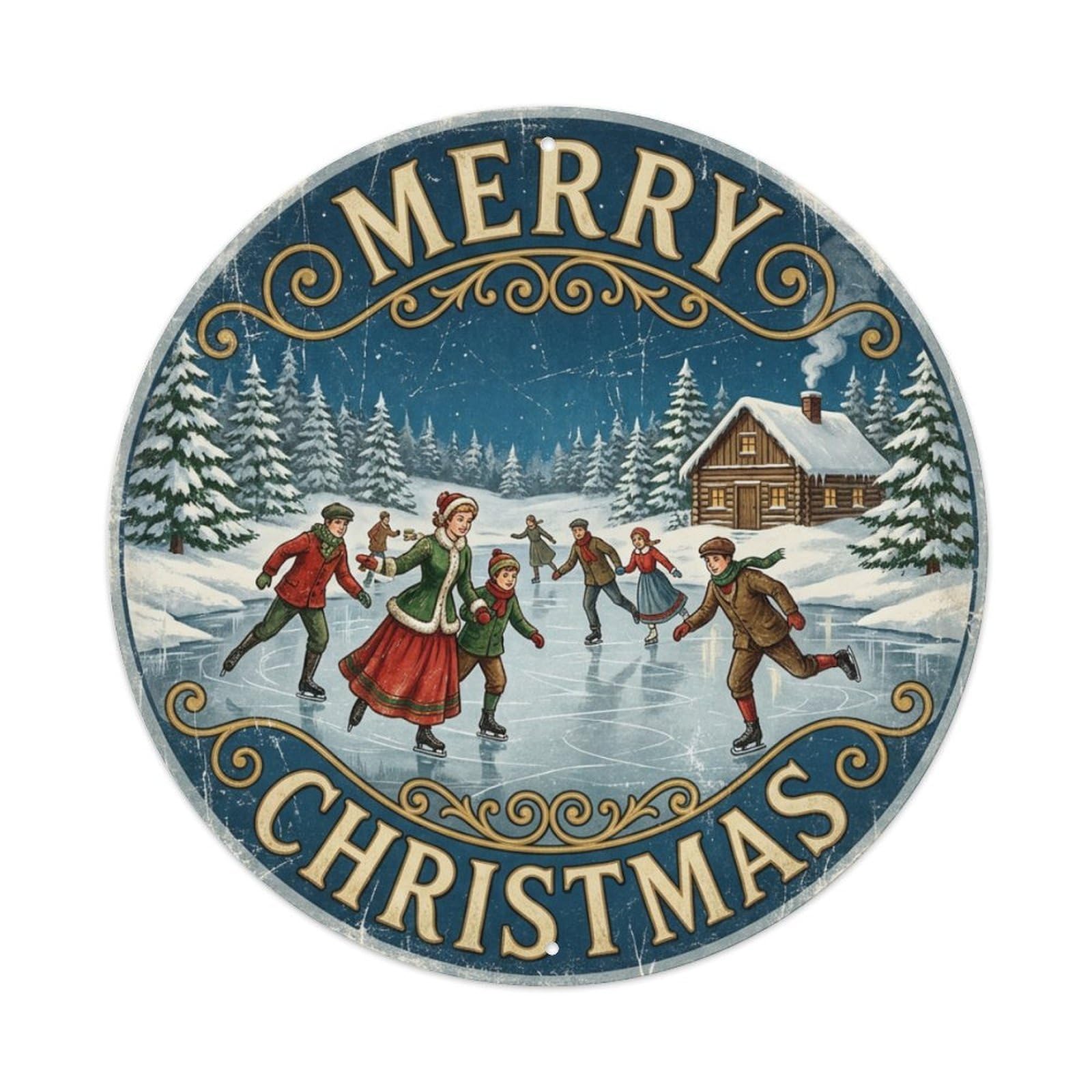 Merry Christmas Frozen Lake Skate Metal Tin Sign