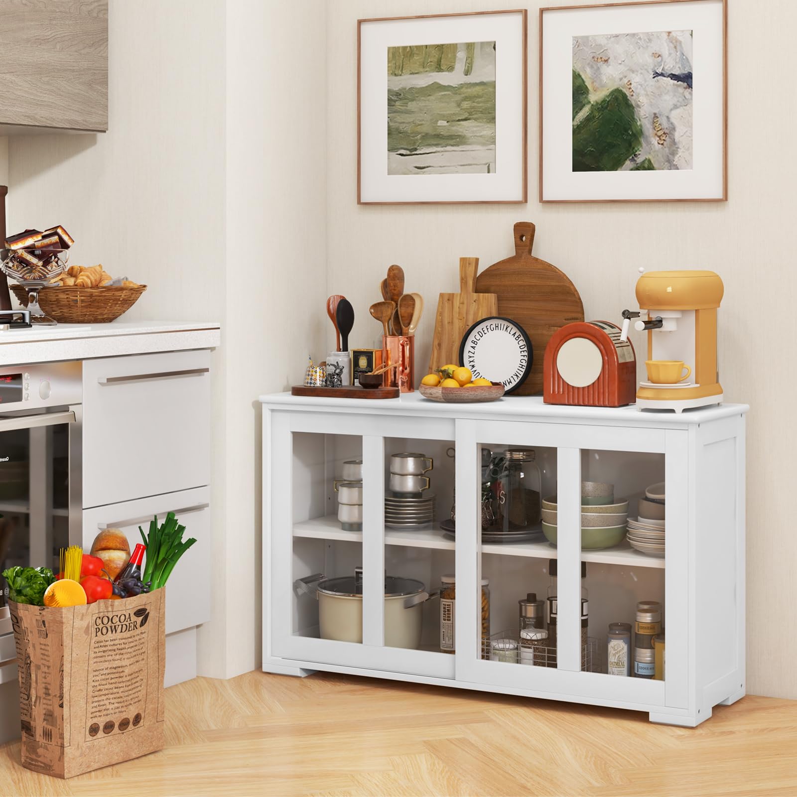 COSTWAY Armadietto da Cucina Mobile Laterale Multiuso con Ante Scorrevoli, in MDF e Vetro, 106,5 x 33 x 62,5 cm (Bianco)