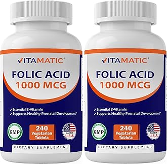 Vitamatic 2 Pack Folic Acid 1000 mcg (1 mg) - 240 Vegetarian Tablets - 1667 mcg DFE - Vitamin B9 (Total 480 Tablets)