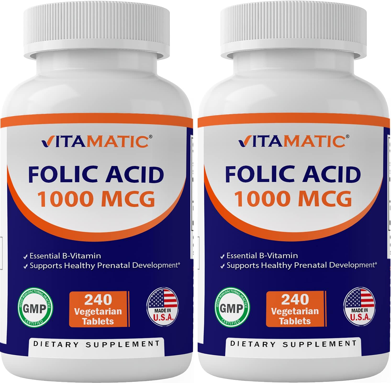Vitamatic 2 Pack Folic Acid 1000 mcg (1 mg) - 240 Vegetarian Tablets - 1667 mcg DFE - Vitamin B9 (Total 480 Tablets)