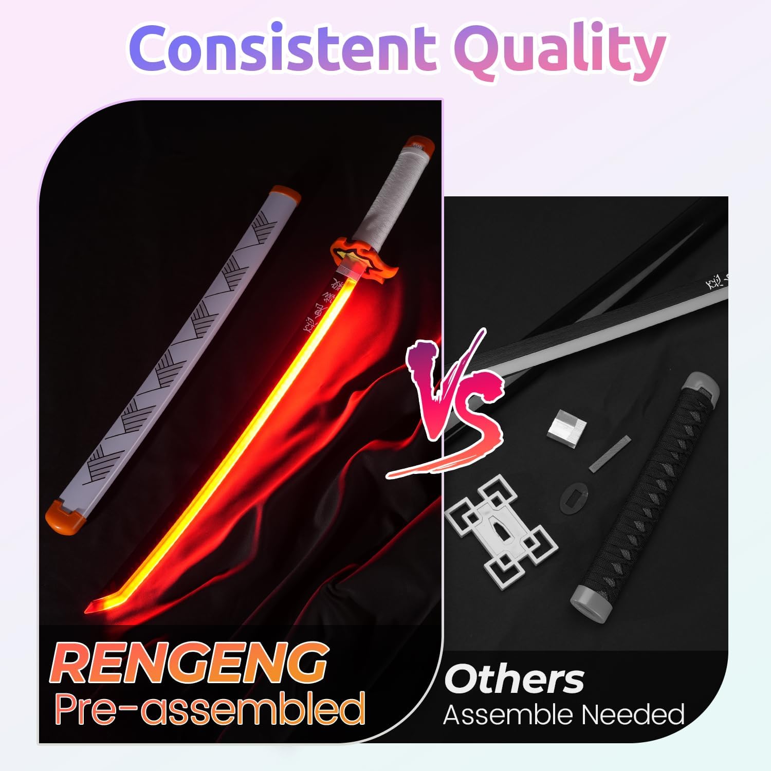 RENGENG Light Up Sword, 30 Inches Short for Kids, Rechargeable Pre-Assembled Plastic Replica with Belt & Stand & Spinner, Original Texture Sword