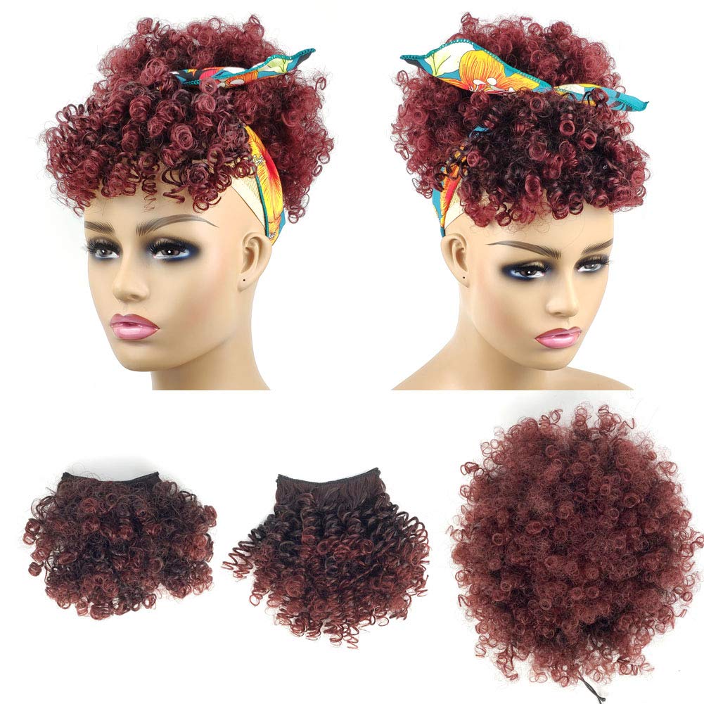 Afro Puff Drawstring Ponytail Extensions with 2 Bangs Pineapple Hair for Black Women Synthetic Short Kinky Curly Ponytail Bun with Bangs Hairpiece Pony Tail T1B/Bug