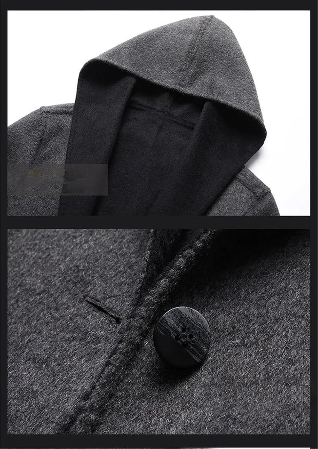 Men's Hooded Double Sided Wool Trench Coats With Pockets Single Breasted Turn-Down Collar Long Sleeve Jacket
