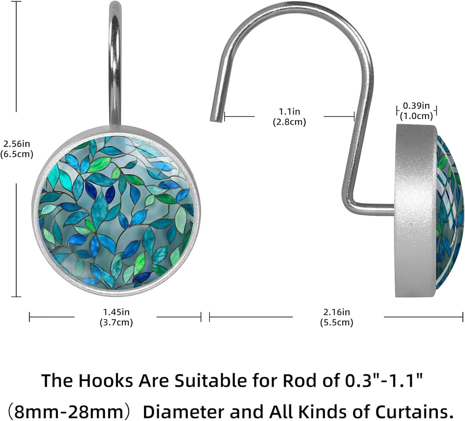 Stained Glass Leaf Shower Curtain Hooks Set of 12 | Turquoise and Blue Bathroom Decor Rustproof Metal Decorative Shower Hooks Rings for Curtains Rods