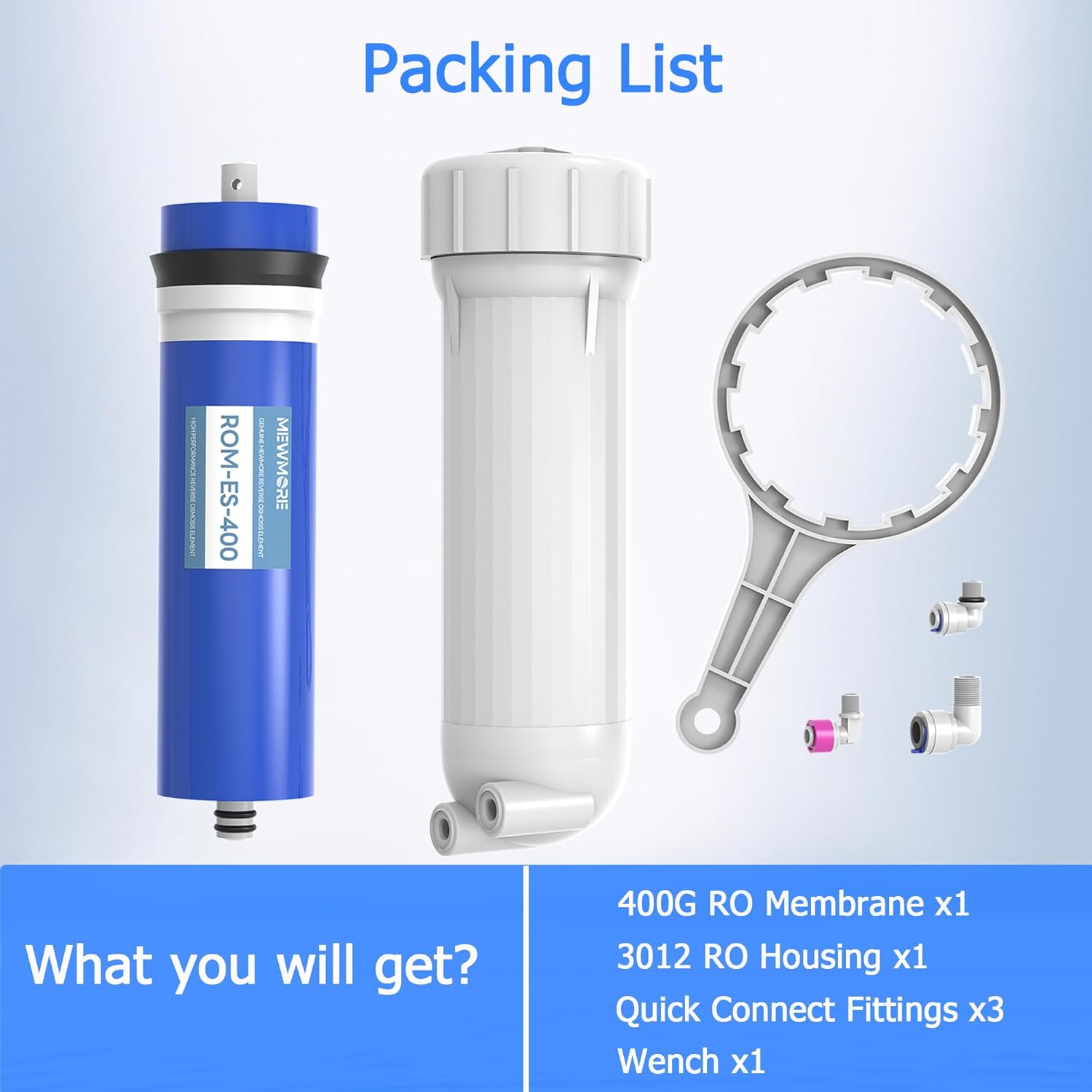 400 GPD RO Membrane Filter with Housing, Replacement Reverse Osmosis Membrane Fit Home Under Sink RO Drinking Water Filter Purifier Filtration System with Wrench, 1/4" Fitting, Check Valve