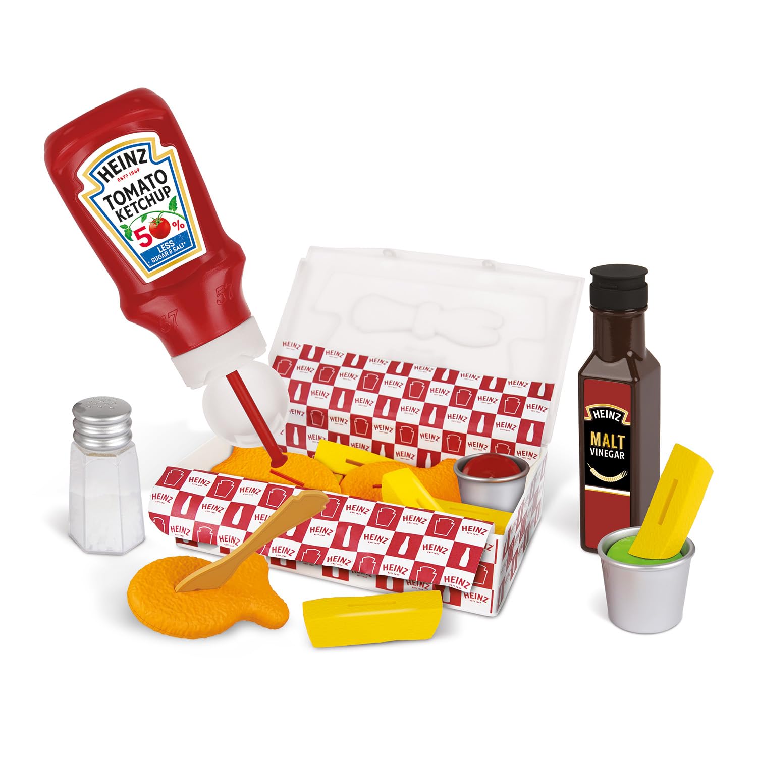 Casdon Heinz Fish & Chips Takeaway Set | Classic Fish & Chips Play Set For Children Aged 3+ | Ideal For Imaginative Play | Squeezy Ketchup Bottle, Vinegar Bottle, And Flip & Dip Pots Included!