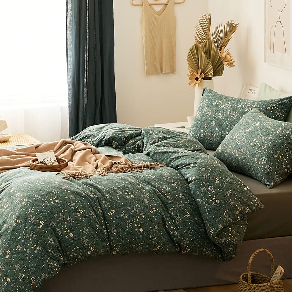 Crеаtіvе Prоduсt VClife Retro Floral Duvet Cover Queen, Green Bedding Sets Jersey Knit Quilt Cover Sets - 1 Duvet Cover 2 Pillow Shams, Hotel Quality Forest Green Vintage Style All Season Bedding Comforter Cover Sets