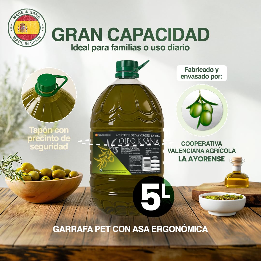 Oleo Ksana Aceite de Oliva Virgen Extra 5 Litros, Prensado en Frío, Nueva Cosecha, Sin Mezclas, Valencia con Dosificador incluido