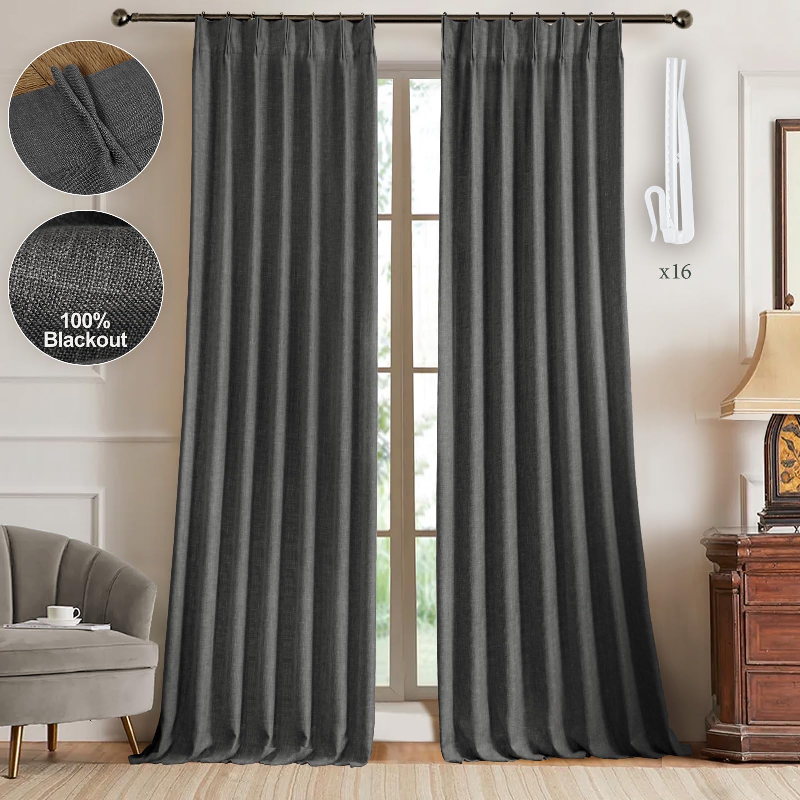 Jowels Blue Pinch Pleat Blackout Curtains – 90 Inches Long, 2 Panels, Linen Blend, Thermal Insulated