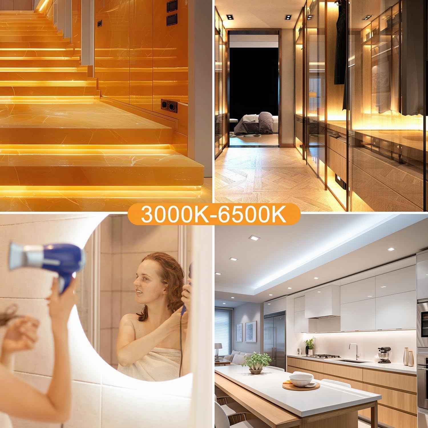 30M Striscia Led Bianca Dimmerabile, 3000K-6500K Da Bianco Caldo a Bianco Freddo, 24v Con Telecomando, Striscia Led Cucina, App Intelligente Per La Decorazione (3000-6500K, 30M)