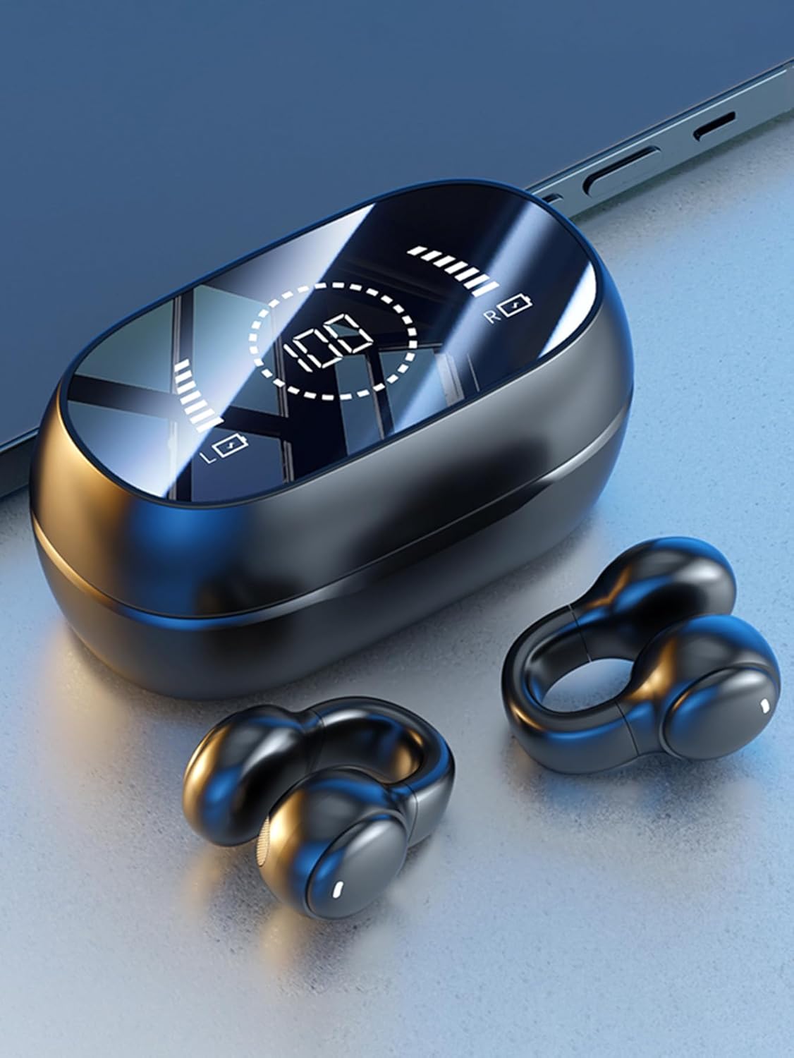 سماعات أذن بلوتوث لاسلكية بتصميم مشبك للأذن باللون الأسود مع ع... - view 4