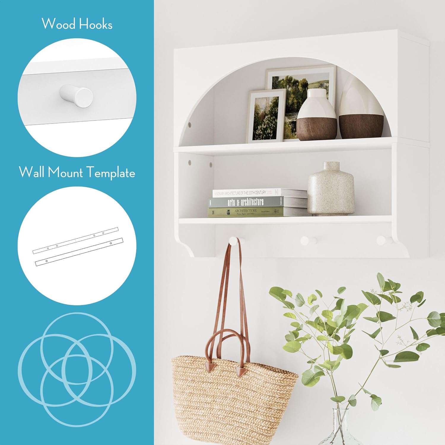 RiverRidge Arched Wall Mount Entryway Storage Shelf with Hooks - Elegant Entryway Organizer with 3 Heavy-Duty Hooks & 2 Display Shelves - Modern White Wooden Rack for Jackets, Keys & Decor